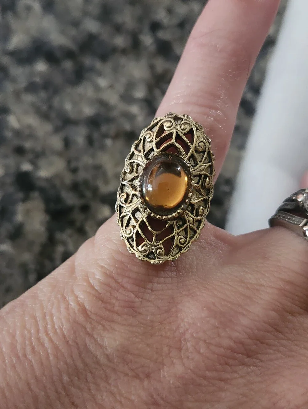 Vintage Filigree Oval Ring with Amber Cabochon